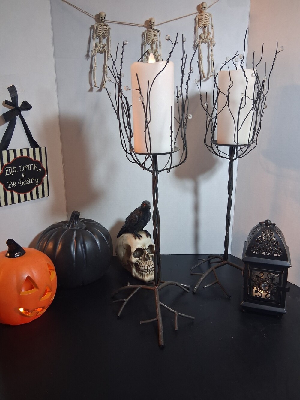 Pair VTG Iron Meadow Branch Candle Holders w/Crystal Drops Twig/Tree; 21"H x 6"W